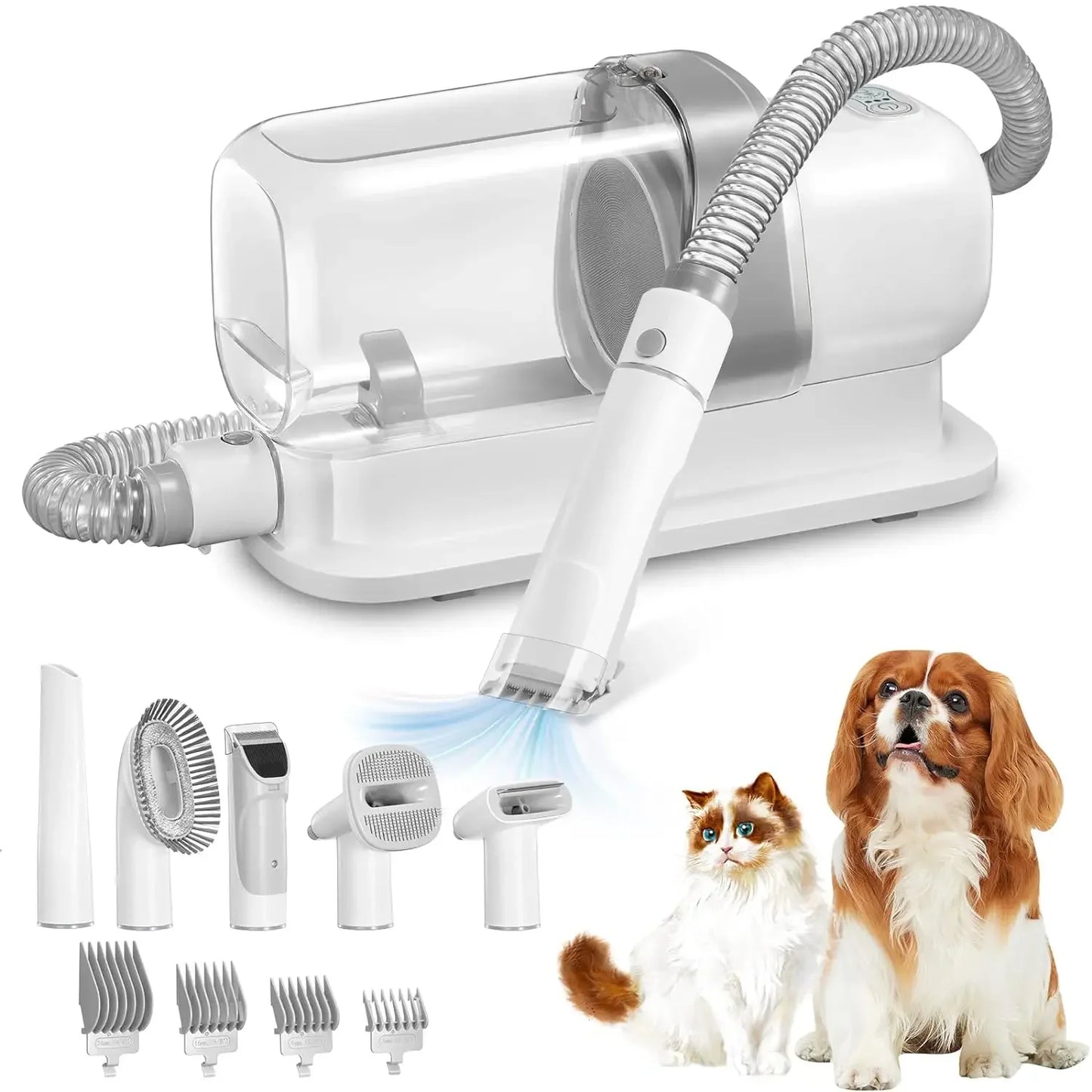 Dog grooming vacuum with 2.3L container and accessories for stress-free pet grooming.