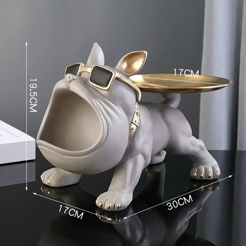 Bulldog resin statue with sunglasses and tray, perfect for home decor and storage, measuring 19.5cm height and 30cm length.