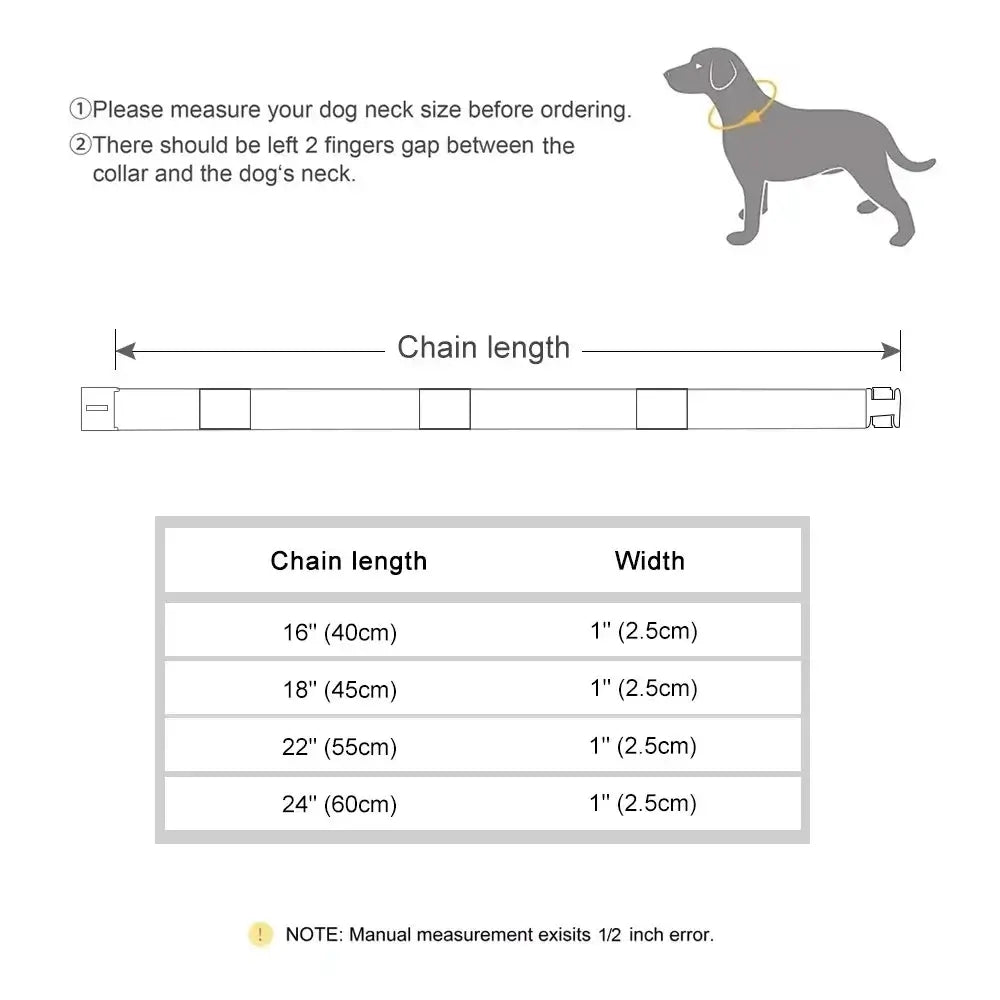 Measuring guide for Golden Guardian gold dog chain collar in various lengths and widths for proper fit.