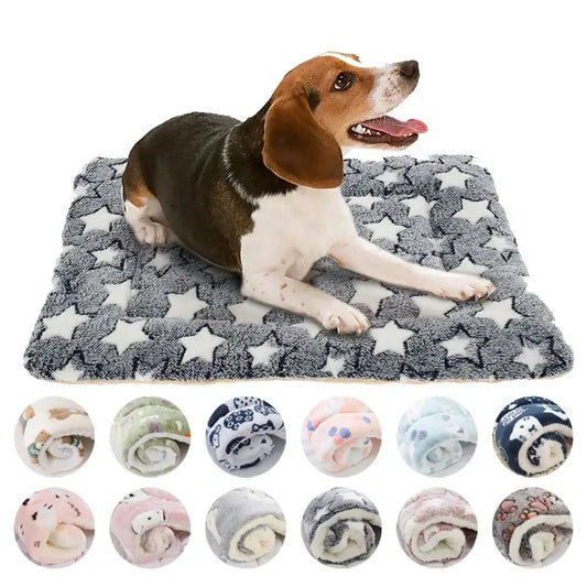 Cozy flannel pet mat with a happy beagle, showcasing various soft pet blankets in colorful designs.