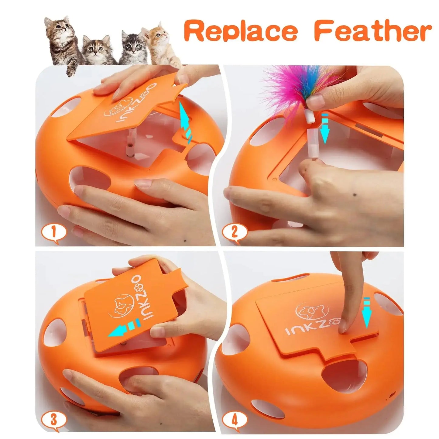 Instructions for replacing the feather on the INKZOO Whack-A-Mole Cat Toy for easy maintenance.