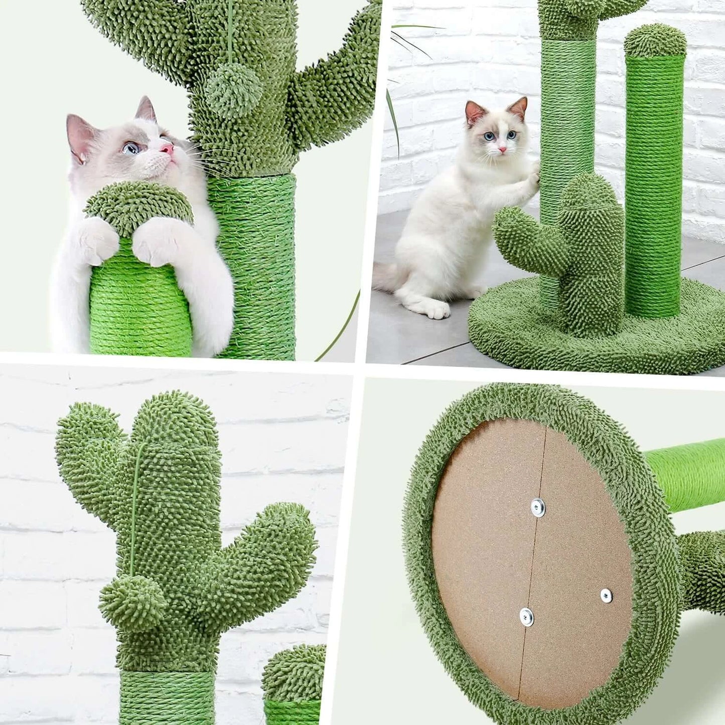 Cactus Cat Scratching Post-KittyCacti with green sisal poles, soft base, and playful cats enjoying their new scratching toy.