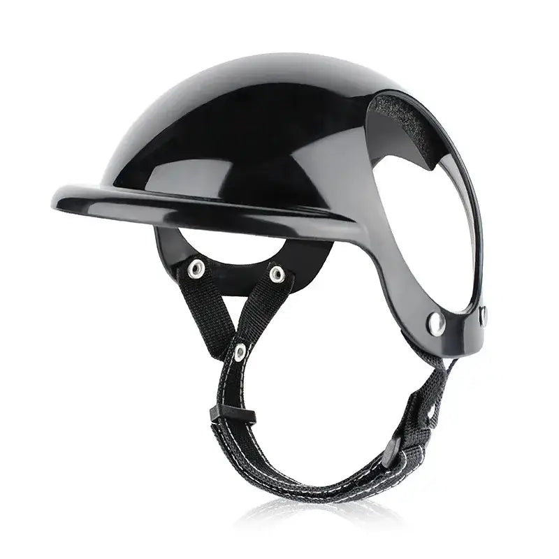 Black motorcycle helmet for pets, designed for safety and style, featuring adjustable strap for secure fit.