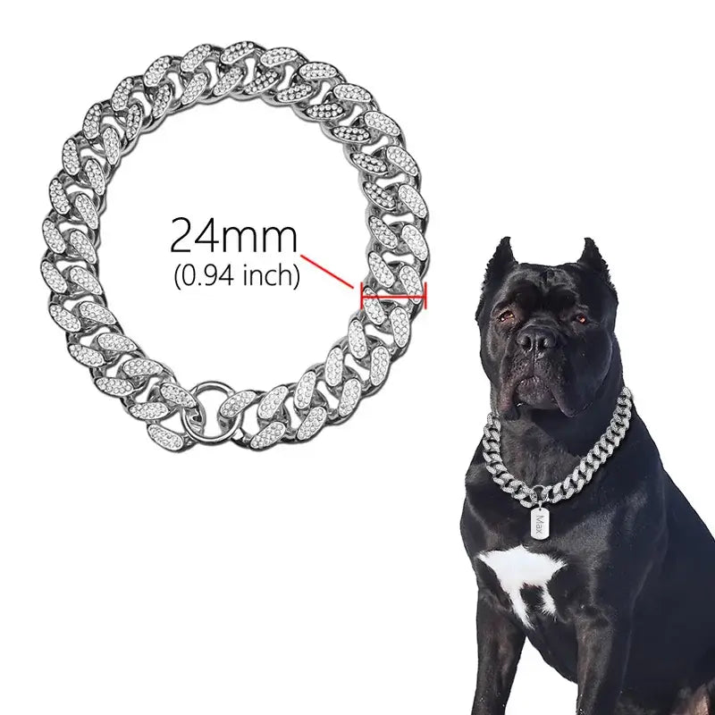 Jeweled dog collar showing 24mm chain width on a stylish dog, showcasing luxury pet accessories with diamond inlay design.