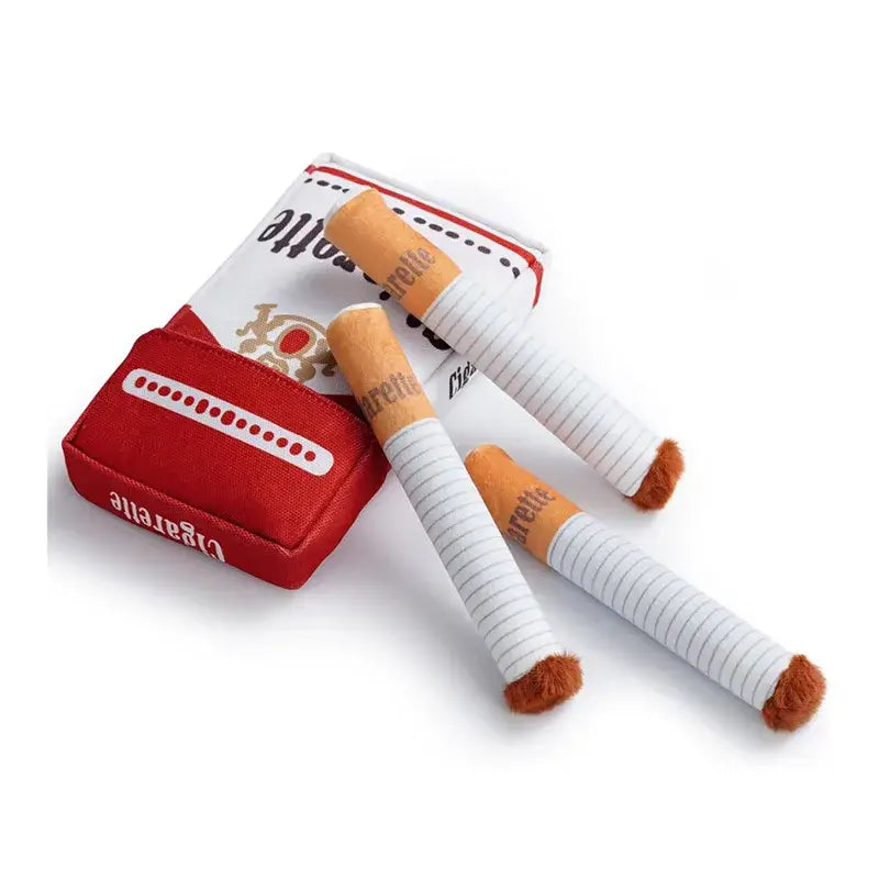Funny plush cigarette dog toy set with soft fabric box and squeaky toys for small to medium dogs.