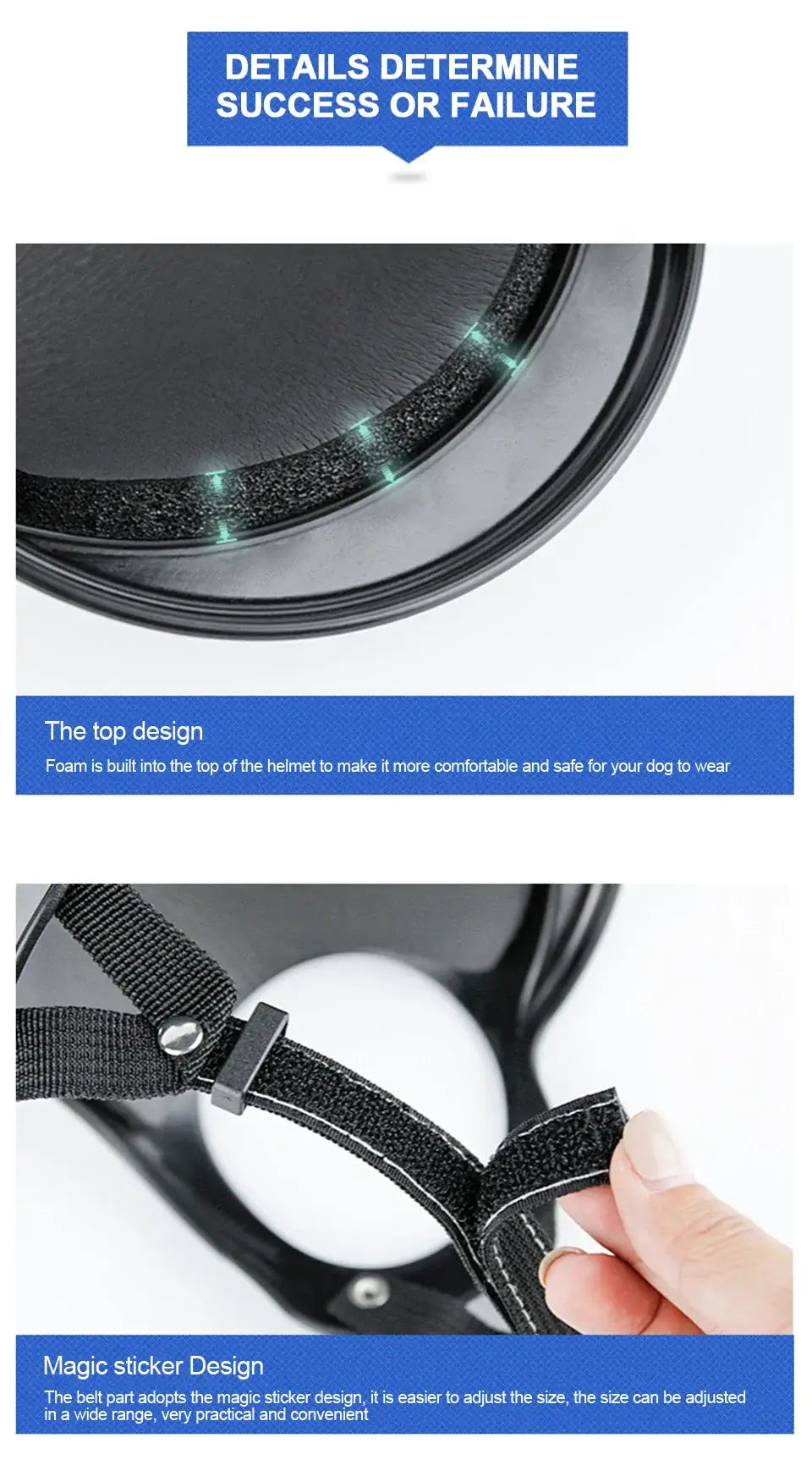 Close-up of dog motorcycle helmet's top design and adjustable strap for secure fit and comfort.