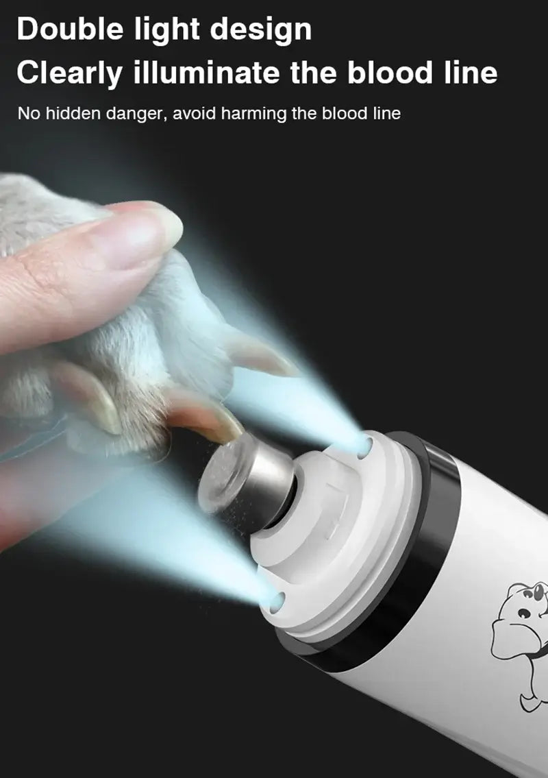 Close-up of SilentGlow LED pet nail grinder showing dual light design for safe and precise pet grooming.
