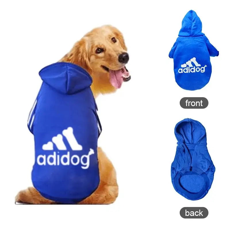 Golden retriever wearing a blue Adidog Hooded Sweatshirt, showcasing both front and back views of the stylish pet outfit.