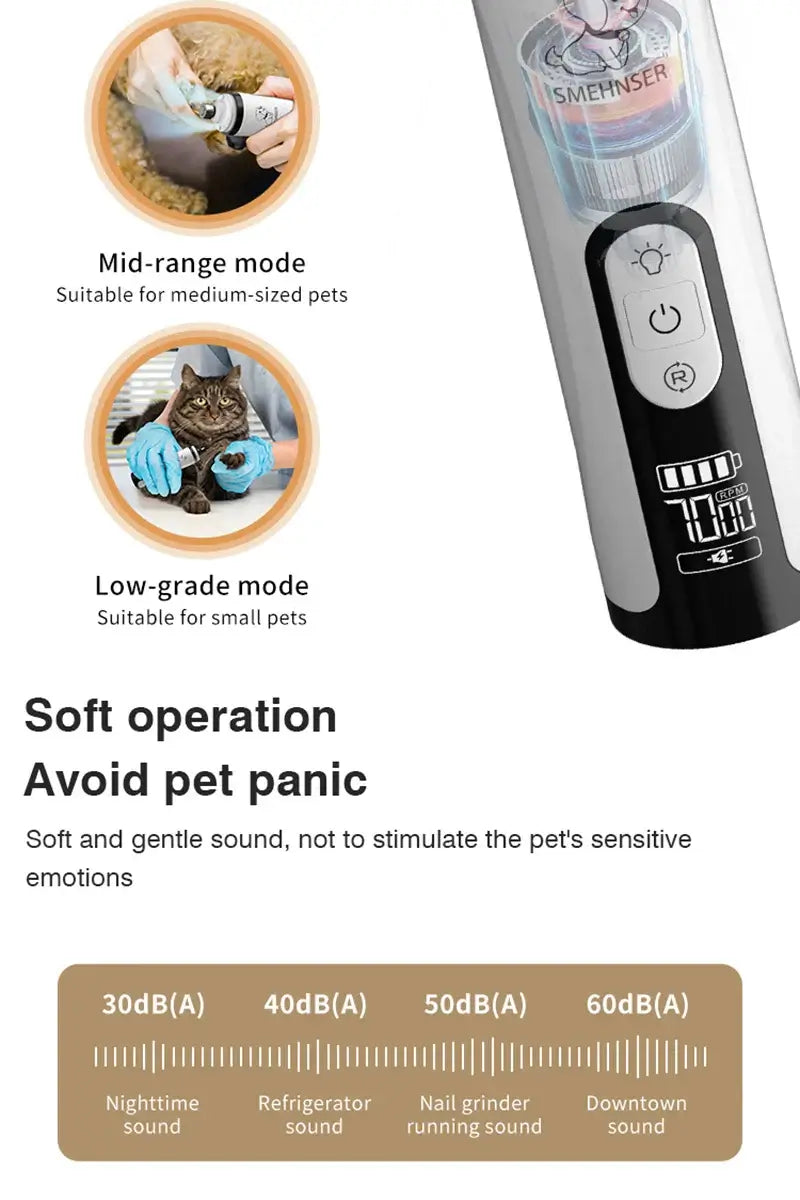 SilentGlow LED pet nail grinder features mid-range and low-grade modes for gentle operation on pets.