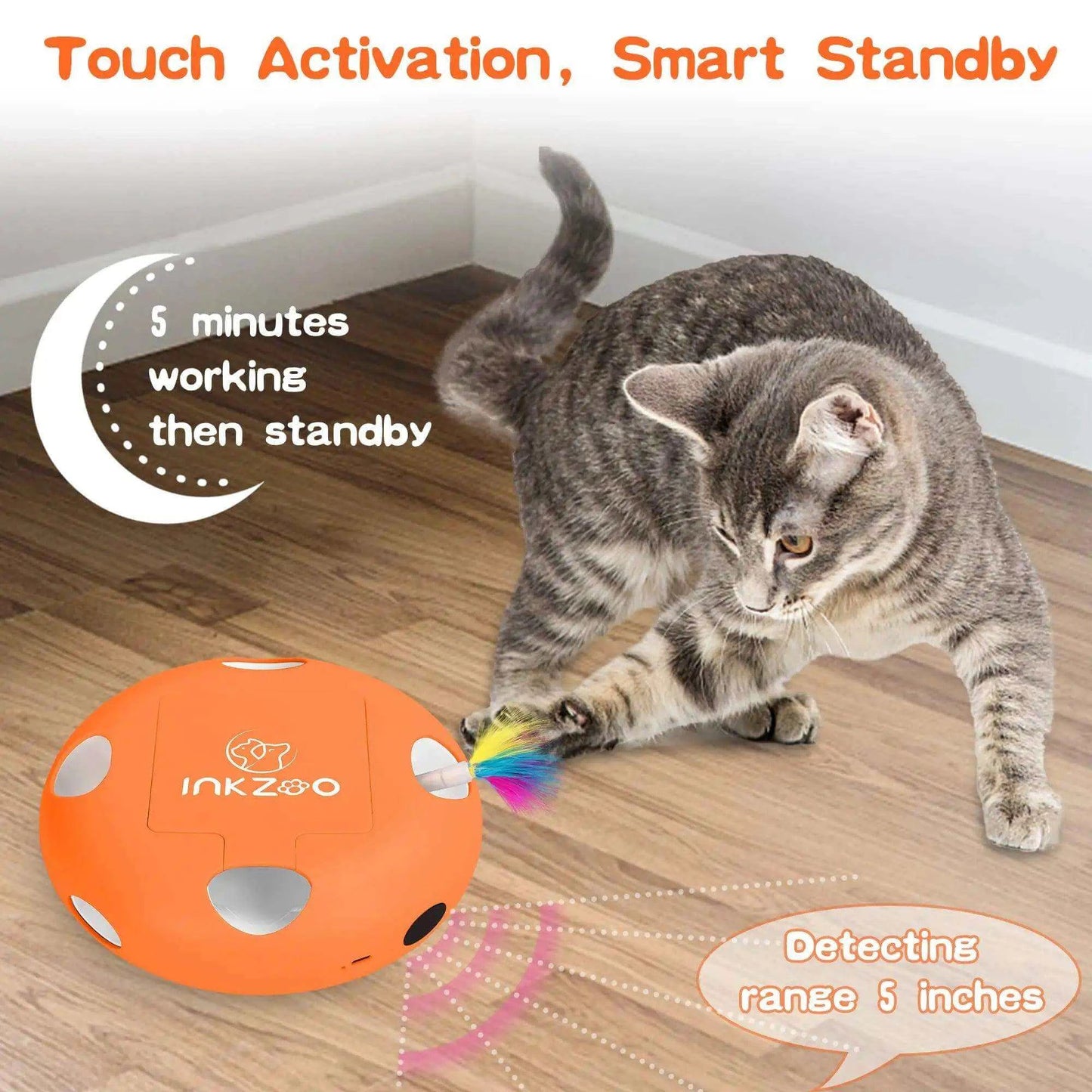 Cat playing with INKZOO interactive toy featuring touch activation and smart standby technology.