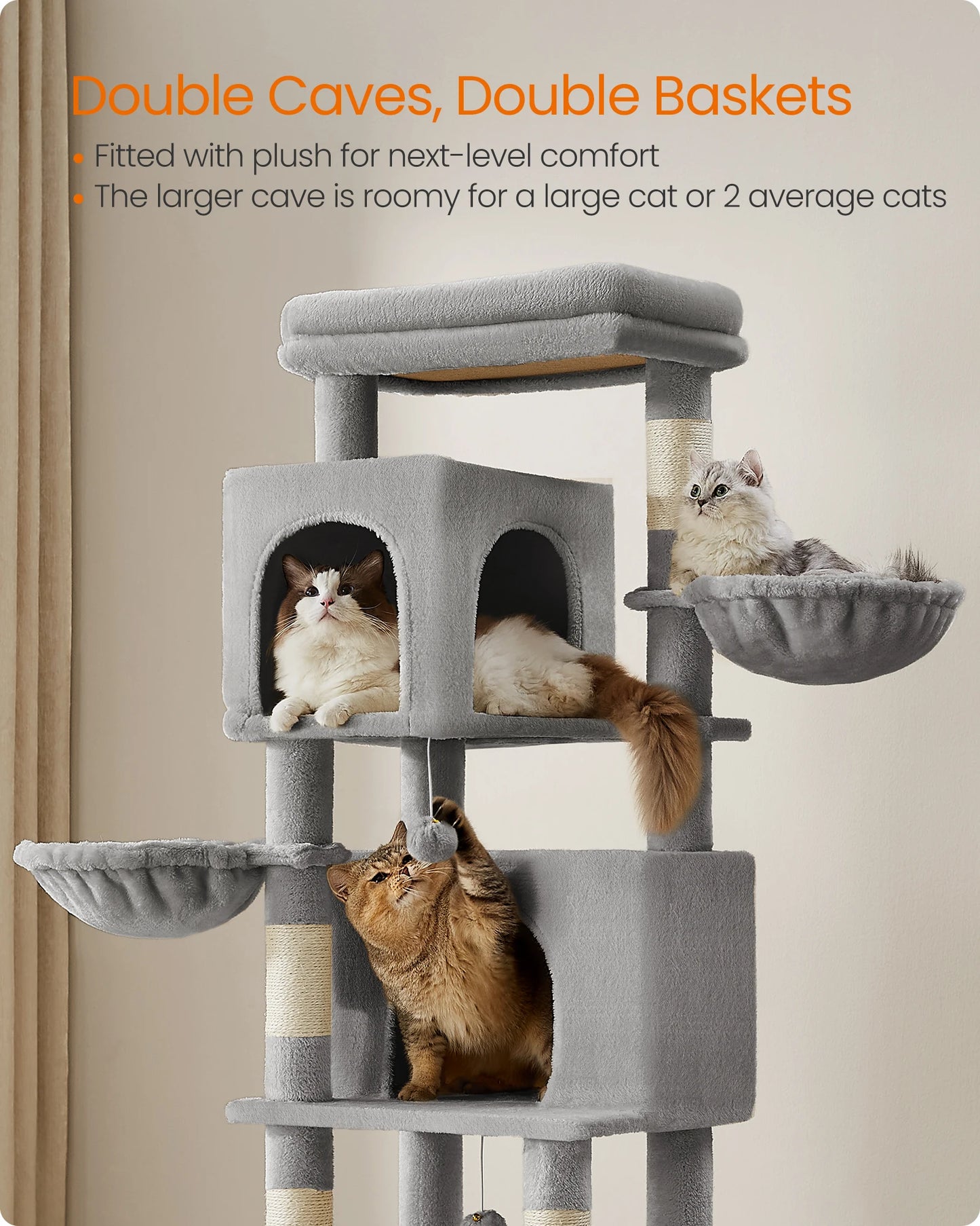 Cat tower for large cats with double caves and baskets, designed for comfort and play.