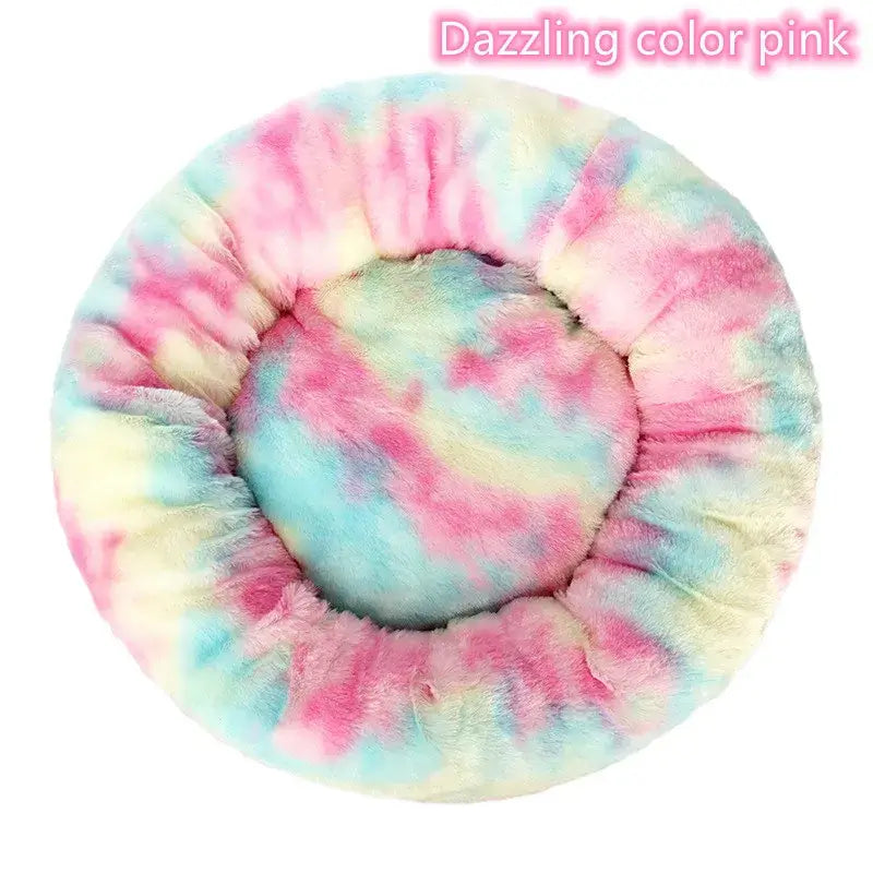 Dazzling color pink round plush pet bed for small dogs and cats, soft and cozy design for ultimate comfort.