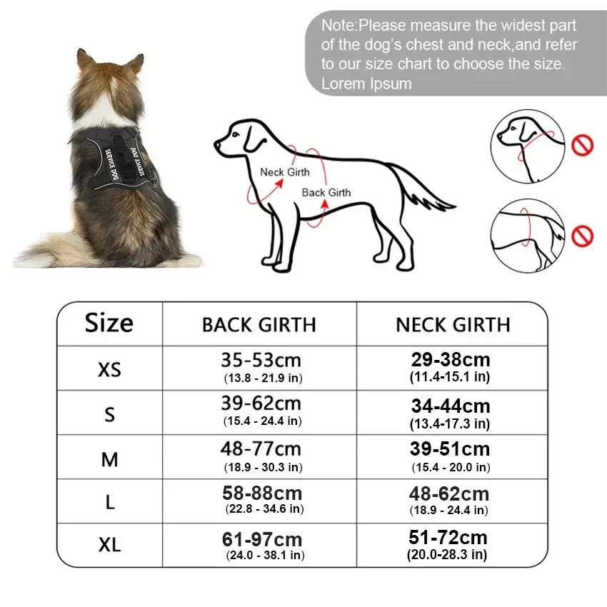 Size chart for Reflective Dog Vest and Harness including neck and back girth measurements for proper fitting.