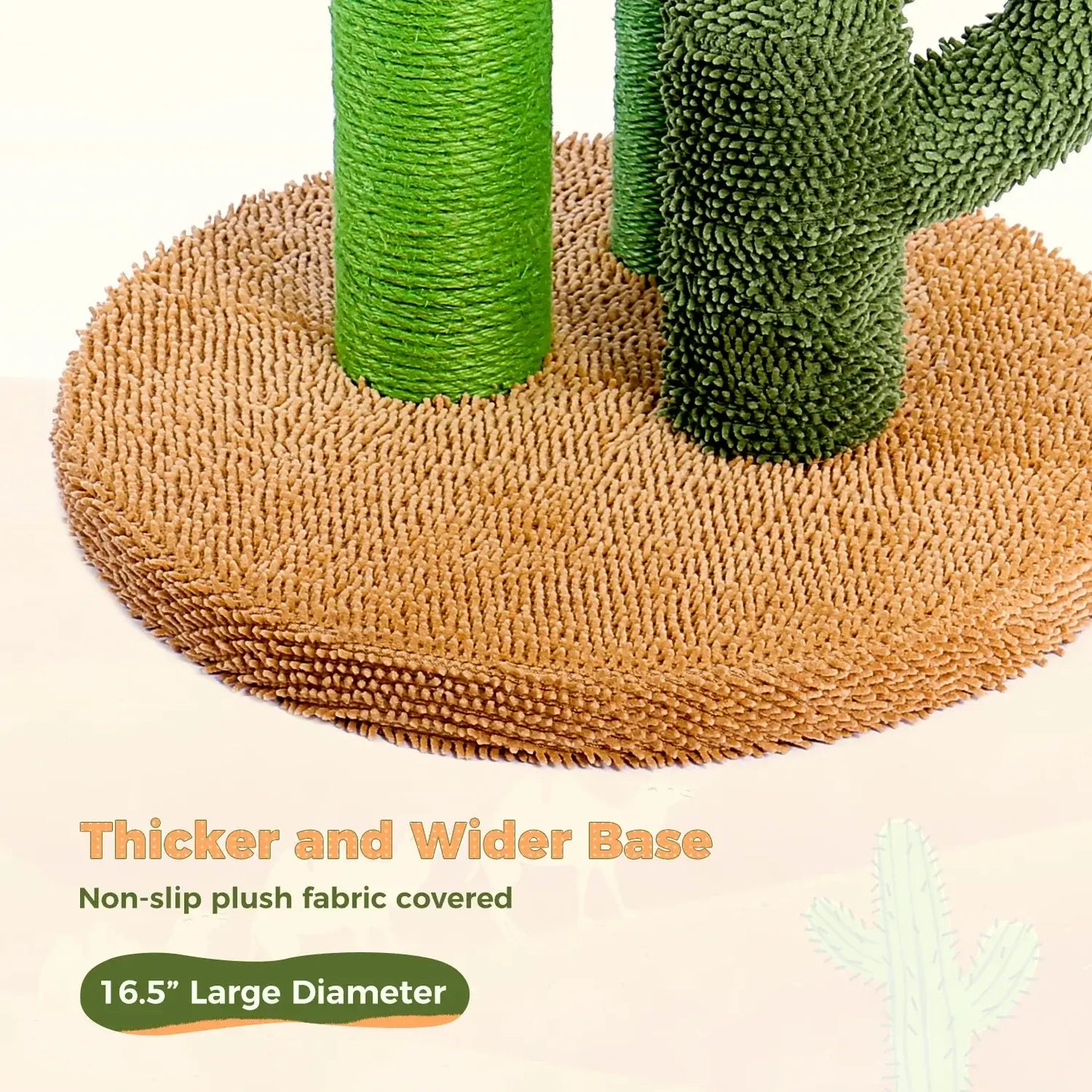 Cactus Cat Scratching Post base with non-slip plush fabric, 16.5" diameter for stability and style.