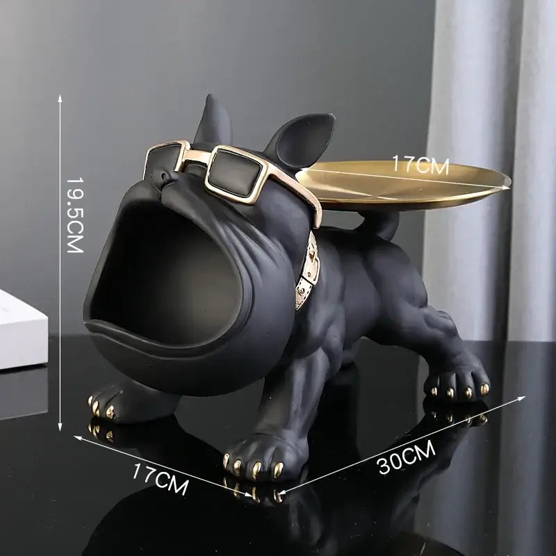 Black resin bulldog statue with gold plate, stylish storage box for home decor.