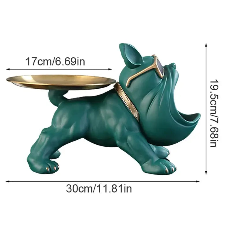 Bulldog resin statue with a gold plate, a stylish storage box for home decor, measuring 30cm long and 19.5cm tall.