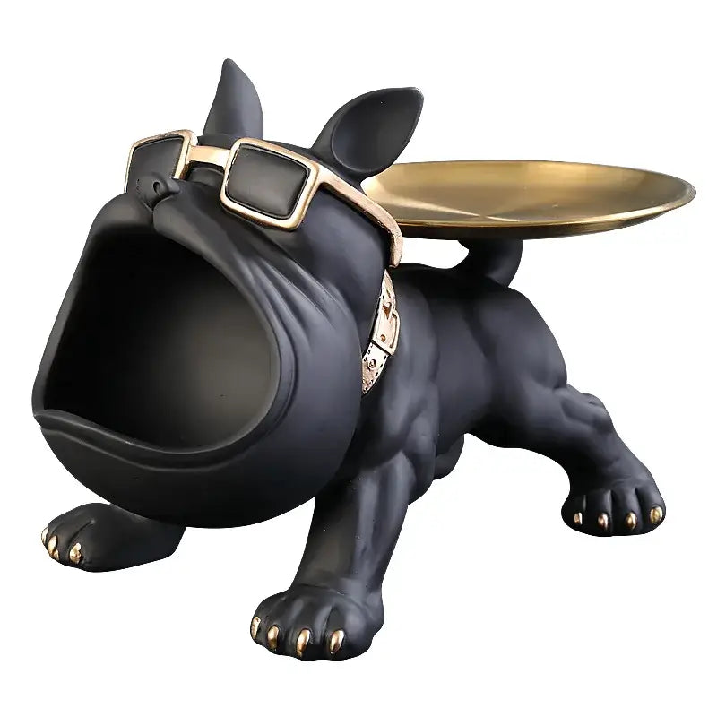 Black bulldog statue with gold accents and sunglasses, serving as a decorative storage bowl for home decor.