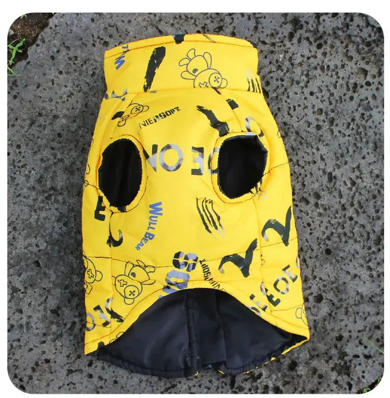 Bright yellow waterproof dog jacket featuring a built-in harness and stylish design, ideal for cold weather outdoor adventures.