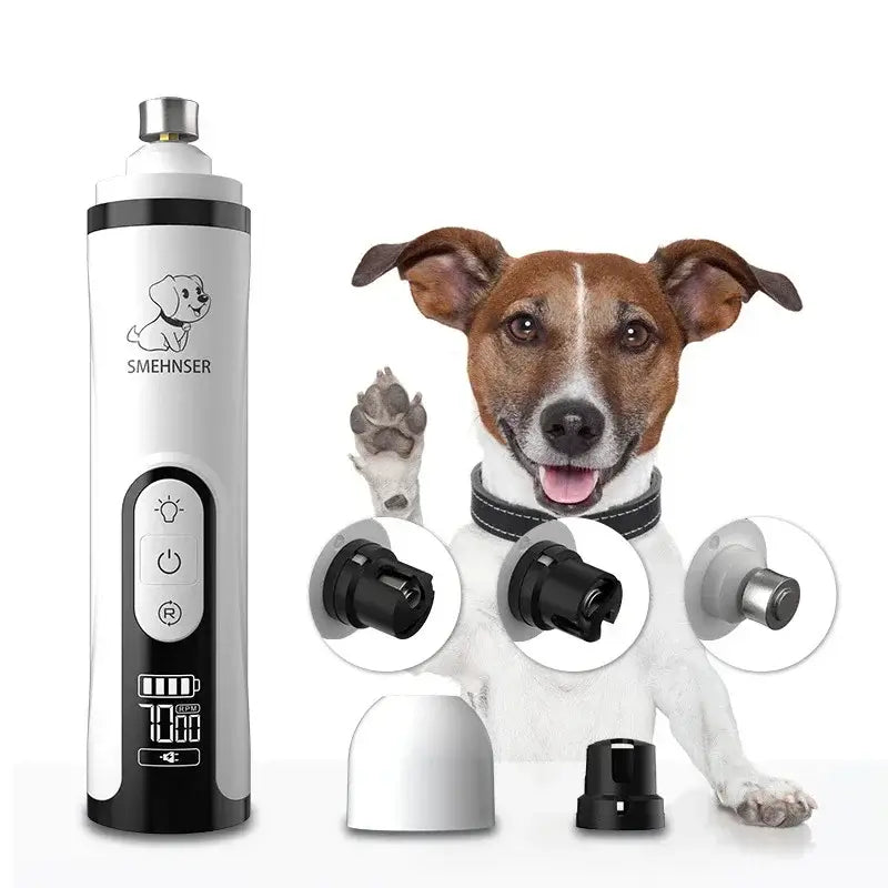 SilentGlow LED pet nail grinder beside a happy dog, showcasing interchangeable grinding heads for grooming.