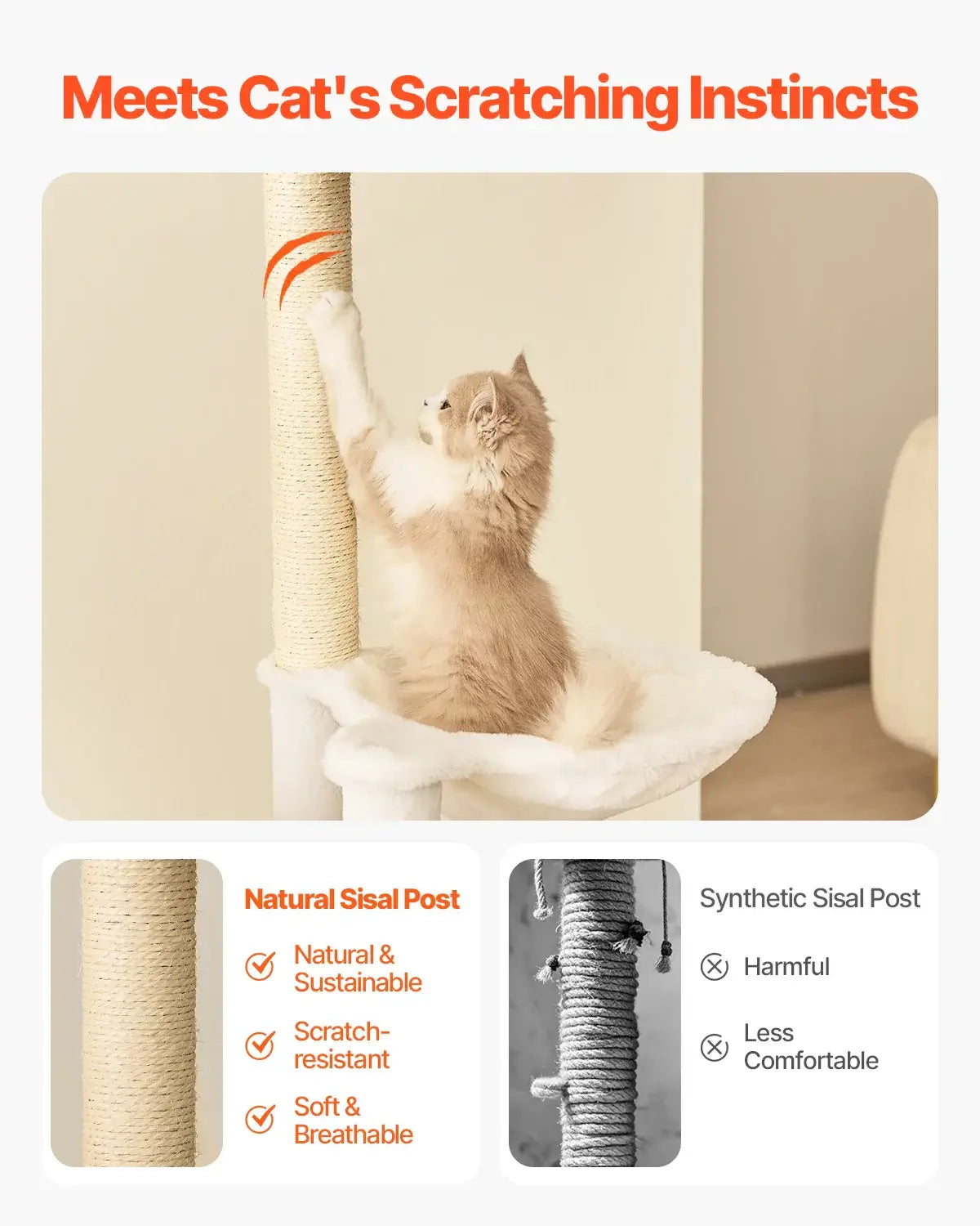 Cat enjoying a natural sisal scratching post on the TowerJoy Cat Tower, promoting healthy scratching behavior.