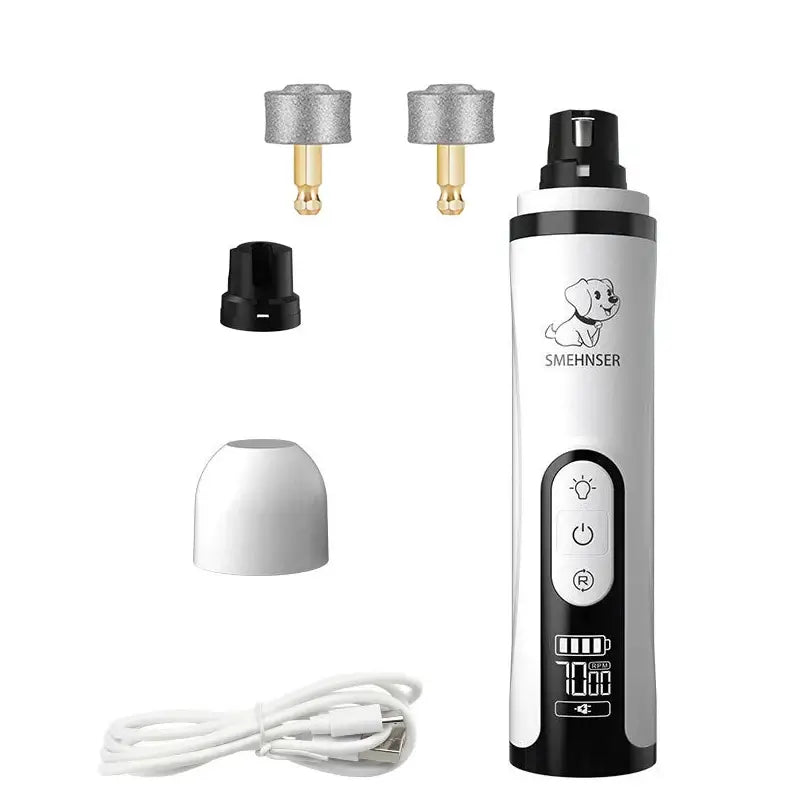 SilentGlow LED pet nail grinder, includes attachments and USB charger, perfect for dogs and cats grooming.