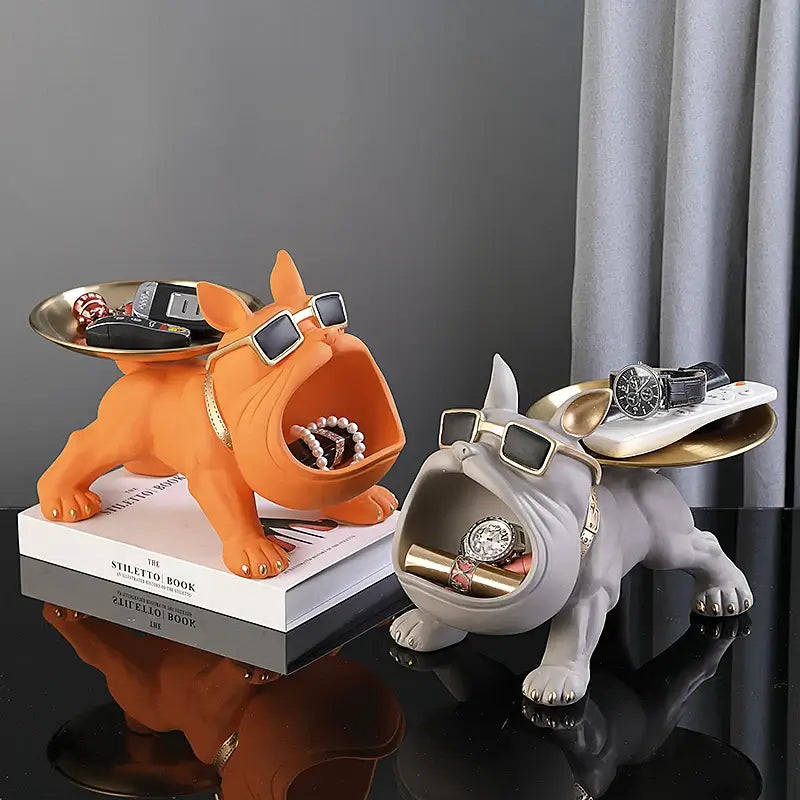 Colorful bulldog resin storage statues wearing sunglasses, ideal for home decor and organizing small items.