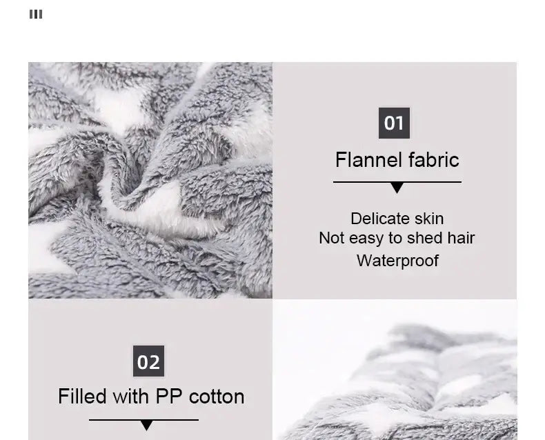 Close-up of a flannel pet mat showing soft texture and waterproof features with PP cotton filling.