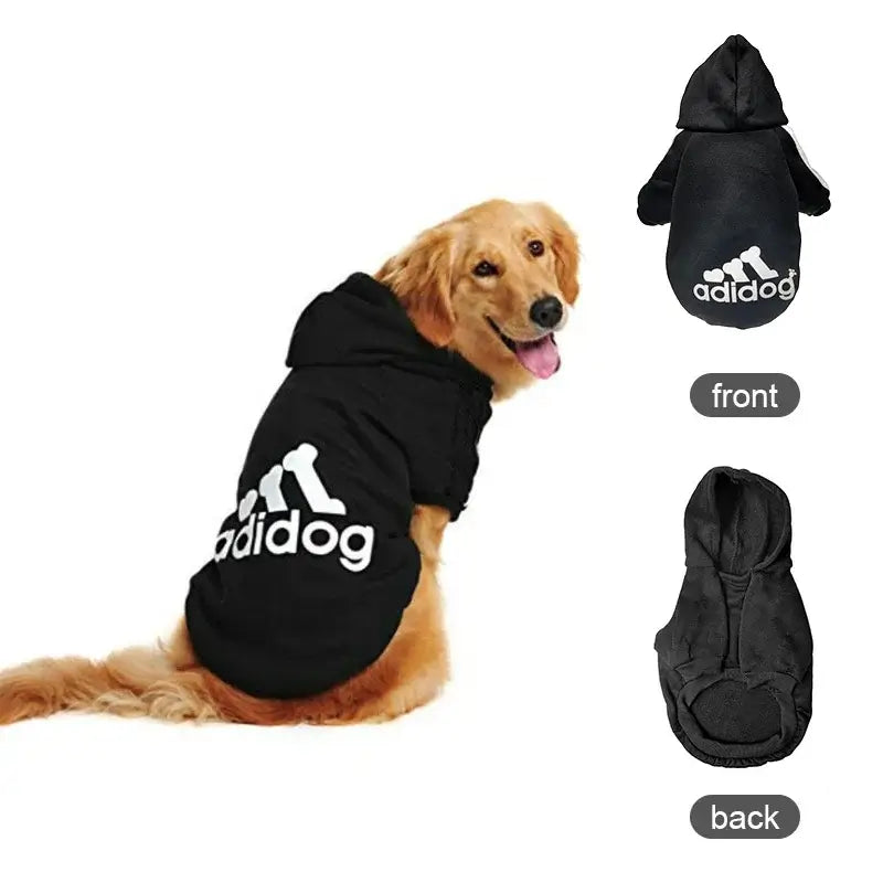 Golden retriever in Adidog Hooded Sweatshirt, showcasing stylish dog hoodie from front and back view.