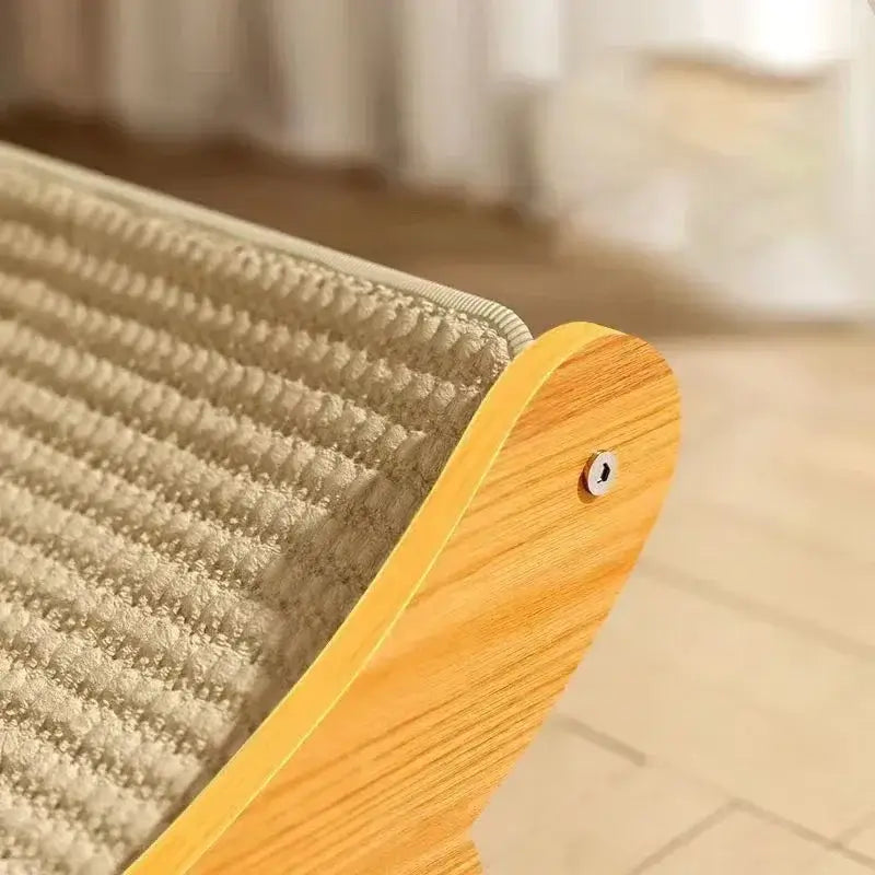 Close-up of Sisal Serenity Cat Scratcher & Bed with a wooden frame and sisal surface for cats.