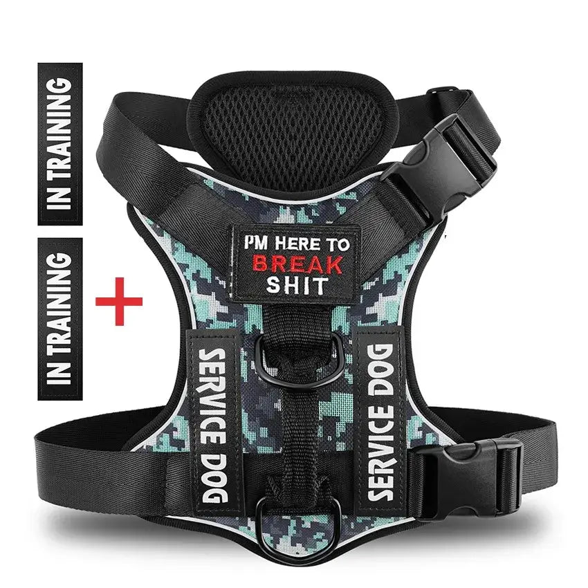 Stylish service dog vest harness with training labels, camo design, and humorous text for service dogs.