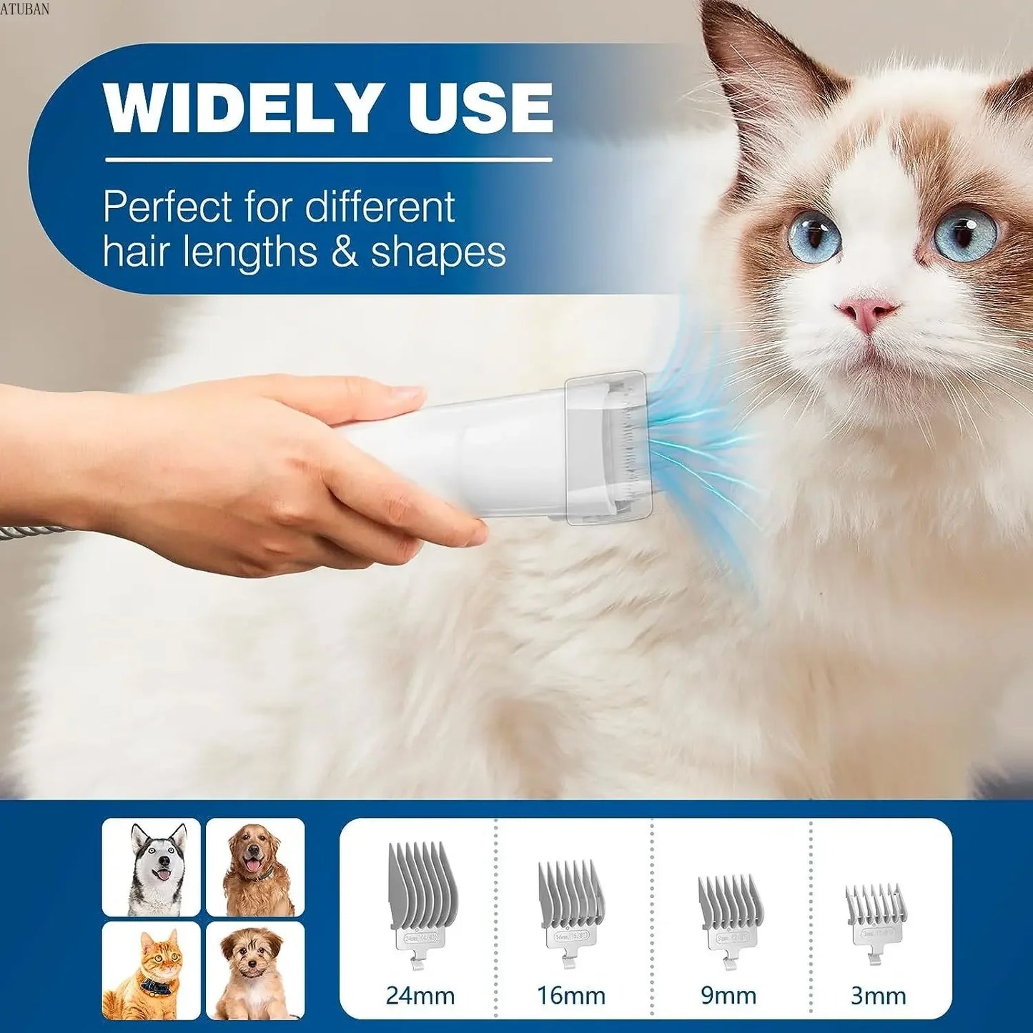 Dog grooming vacuum attachment in use on a fluffy cat, showcasing various grooming comb sizes for different hair lengths.
