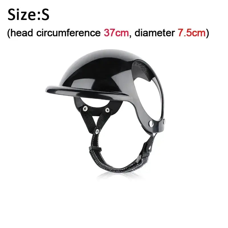 Small black pet motorcycle helmet with adjustable straps, head circumference 37cm, designed for dog and cat safety.