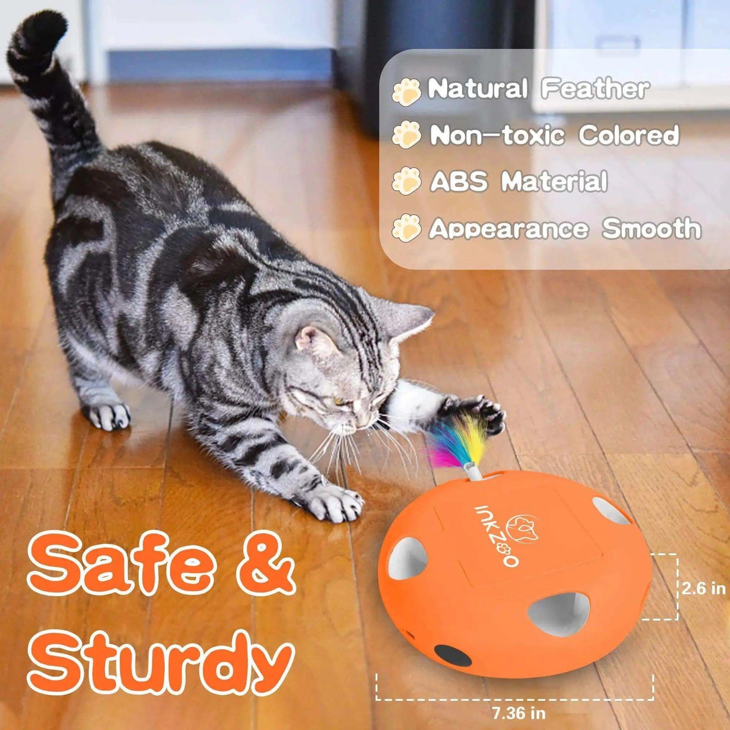 Cat playing with INKZOO Whack-A-Mole Toy featuring natural feathers and a smooth ABS design.