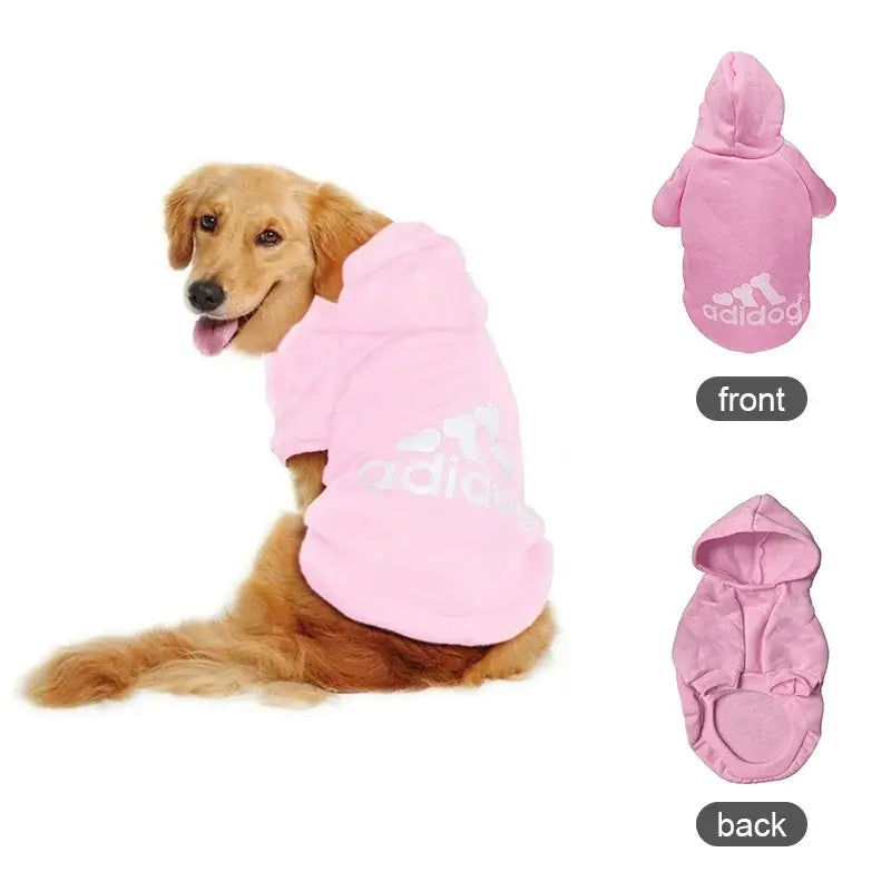 Golden retriever wearing a pink Adidog Hooded Sweatshirt, showcasing front and back views of the cozy pet jacket.
