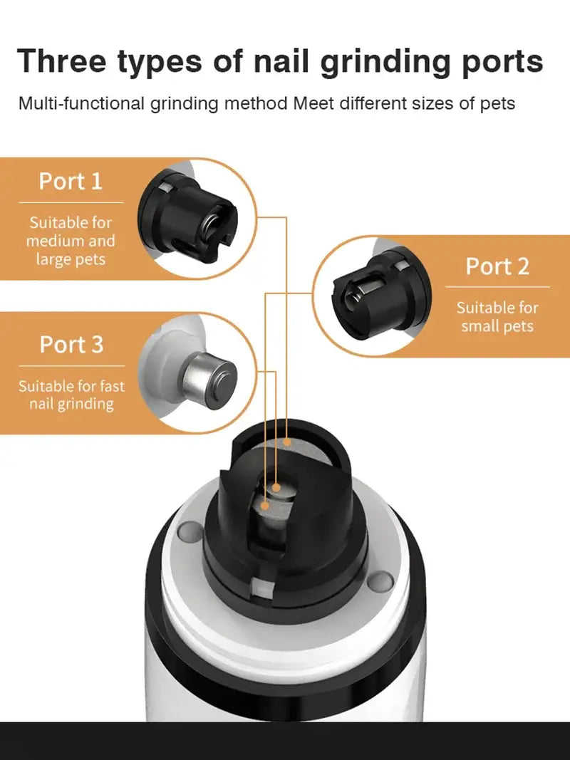 SilentGlow LED pet nail grinder showing three types of grinding ports for different pet sizes.