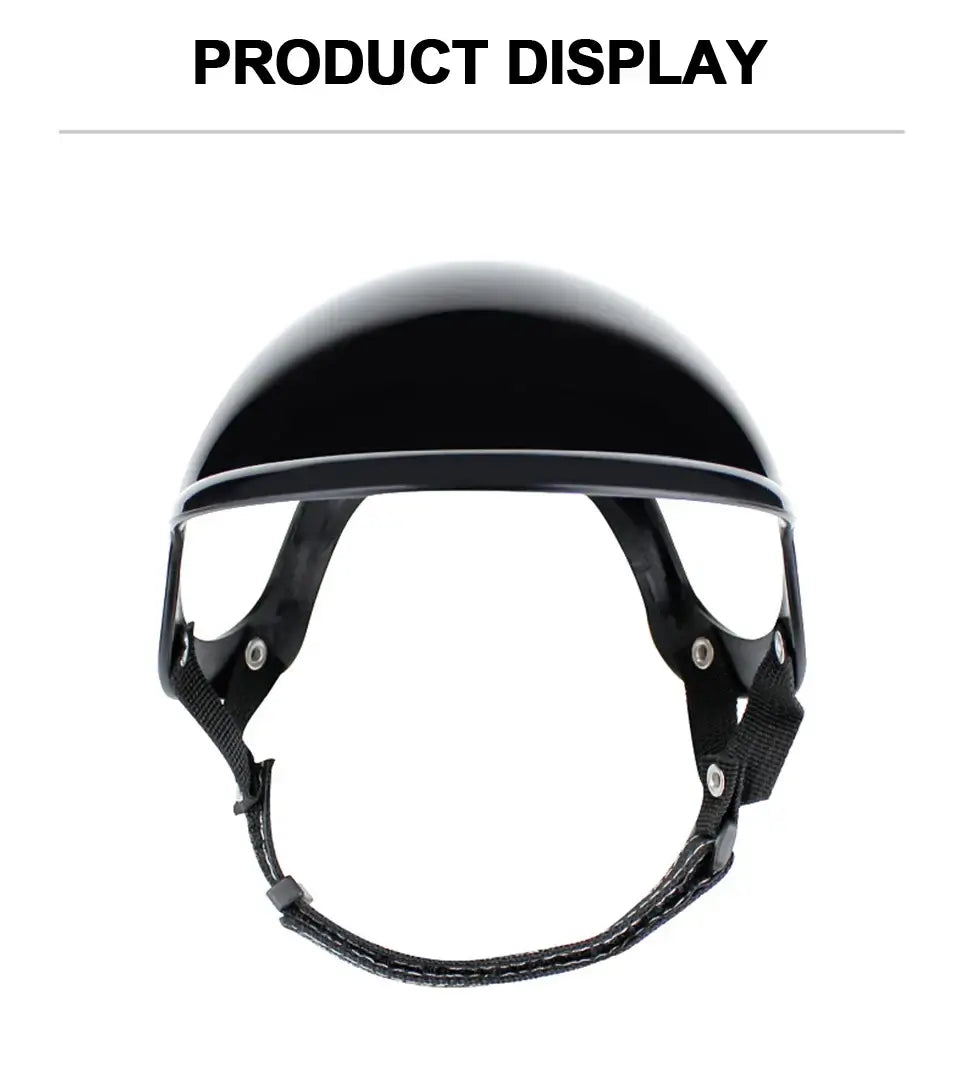 Dog and cat motorcycle safety helmet in black, showcasing adjustable strap and sleek design for pet protection.