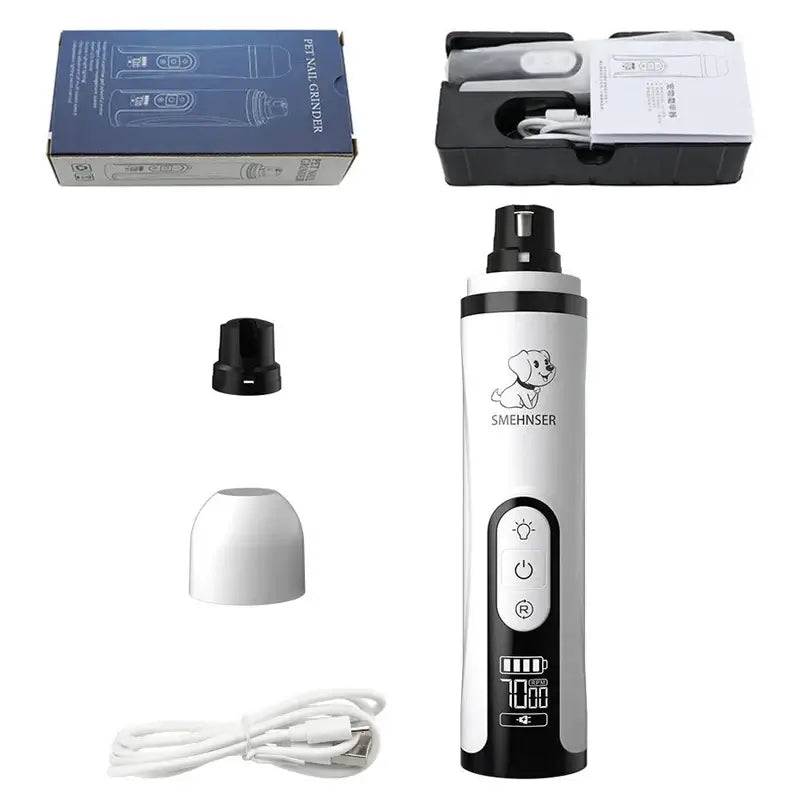 SilentGlow LED pet nail grinder for dogs and cats, with accessories and USB charger included.