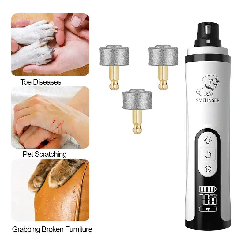 SilentGlow LED pet nail grinder for dogs and cats with attachments for safe nail trimming