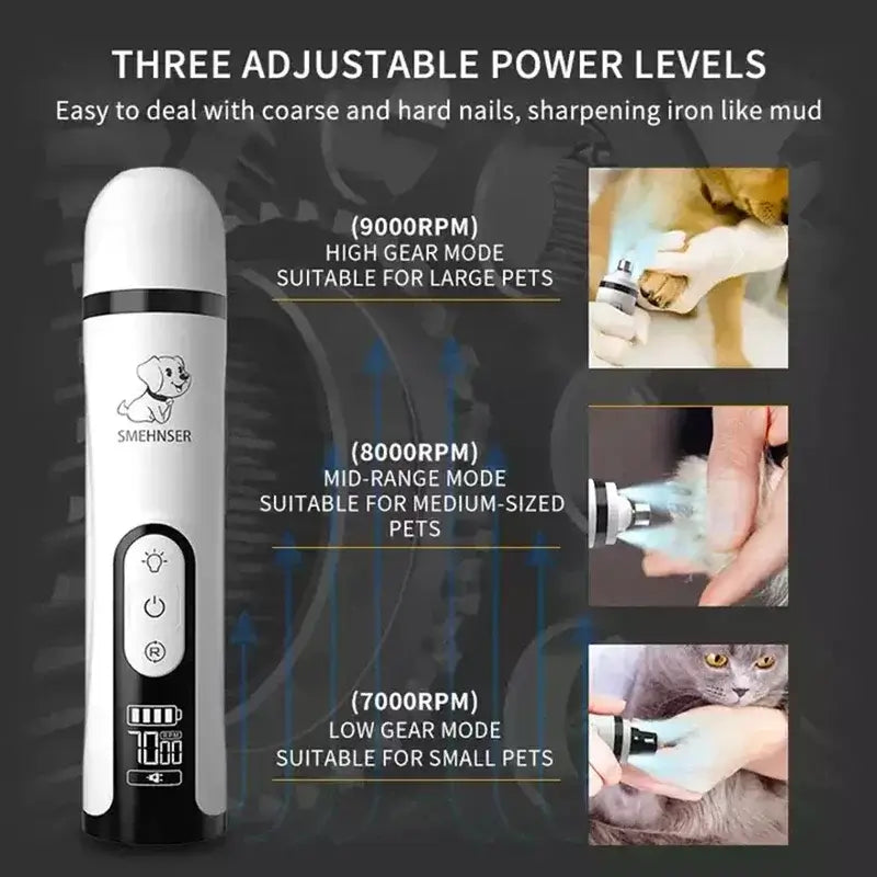 Image showing three adjustable power levels for a pet nail grinder, suitable for small to large pets with user-friendly controls.