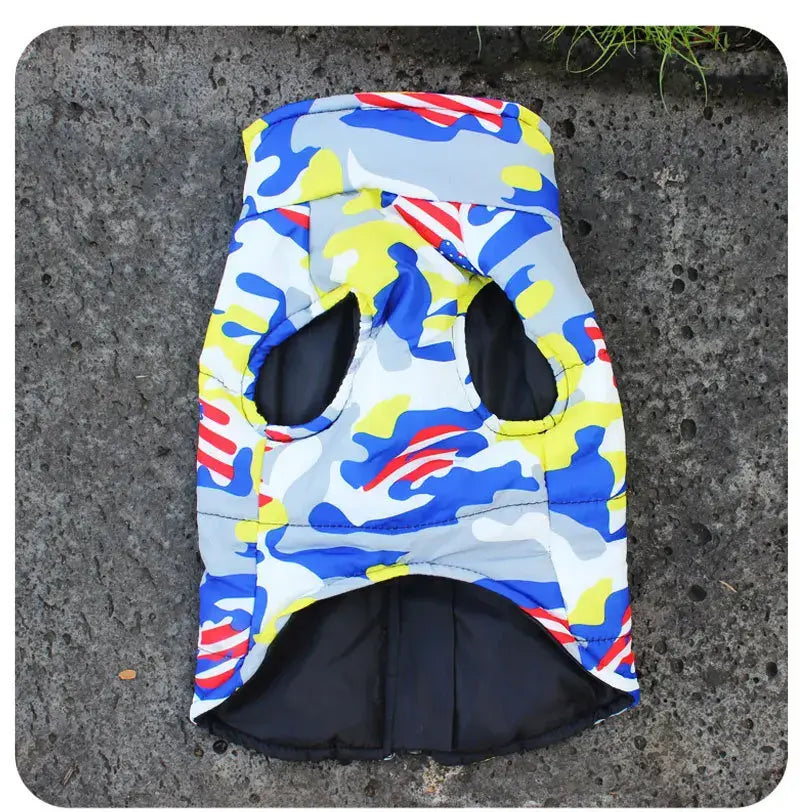 Colorful camouflage waterproof dog jacket with harness openings for outdoor adventures.