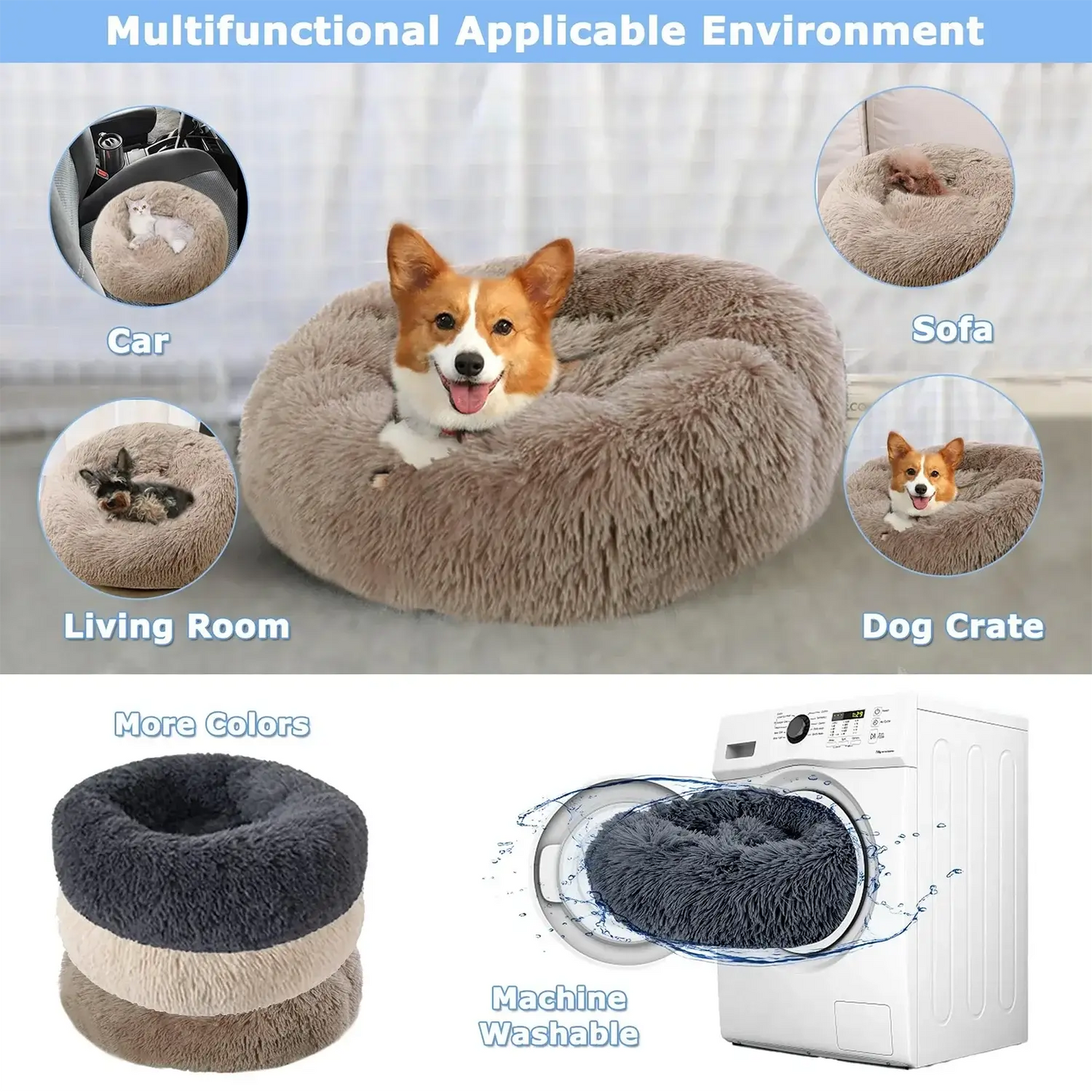 Multifunctional cozy donut pet beds for dogs and cats in various settings, including car, sofa, living room, and dog crate.