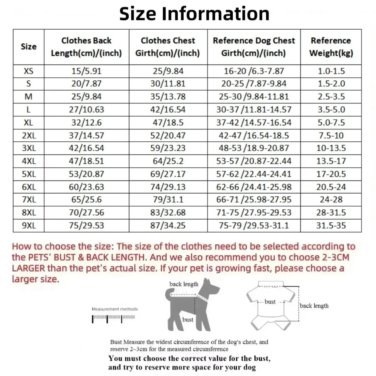 Size chart for Adidog Hooded Sweatshirt showing measurements for XS-9XL dog sizes and how to choose the correct fit.