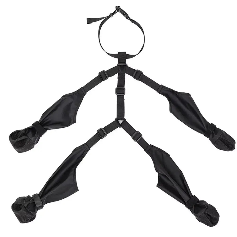Black waterproof dog boots harness for secure paw protection during outdoor activities.