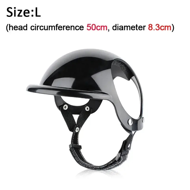 Large black pet motorcycle helmet with adjustable strap, designed for head circumference of 50cm.