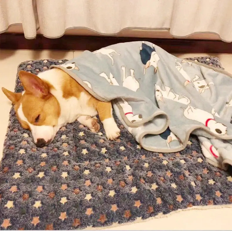 Corgi sleeping comfortably on a cozy flannel pet mat with a soft blanket, showcasing a warm pet bedding solution.