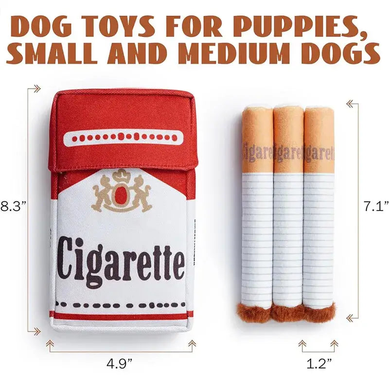 Funny plush cigarette dog toy set for small and medium dogs, includes fabric cigarette box and squeaky toys.