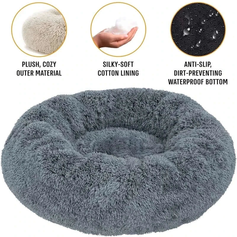 Plush cozy gray round pet bed featuring silky-soft cotton lining and waterproof bottom, perfect for small dogs and cats.