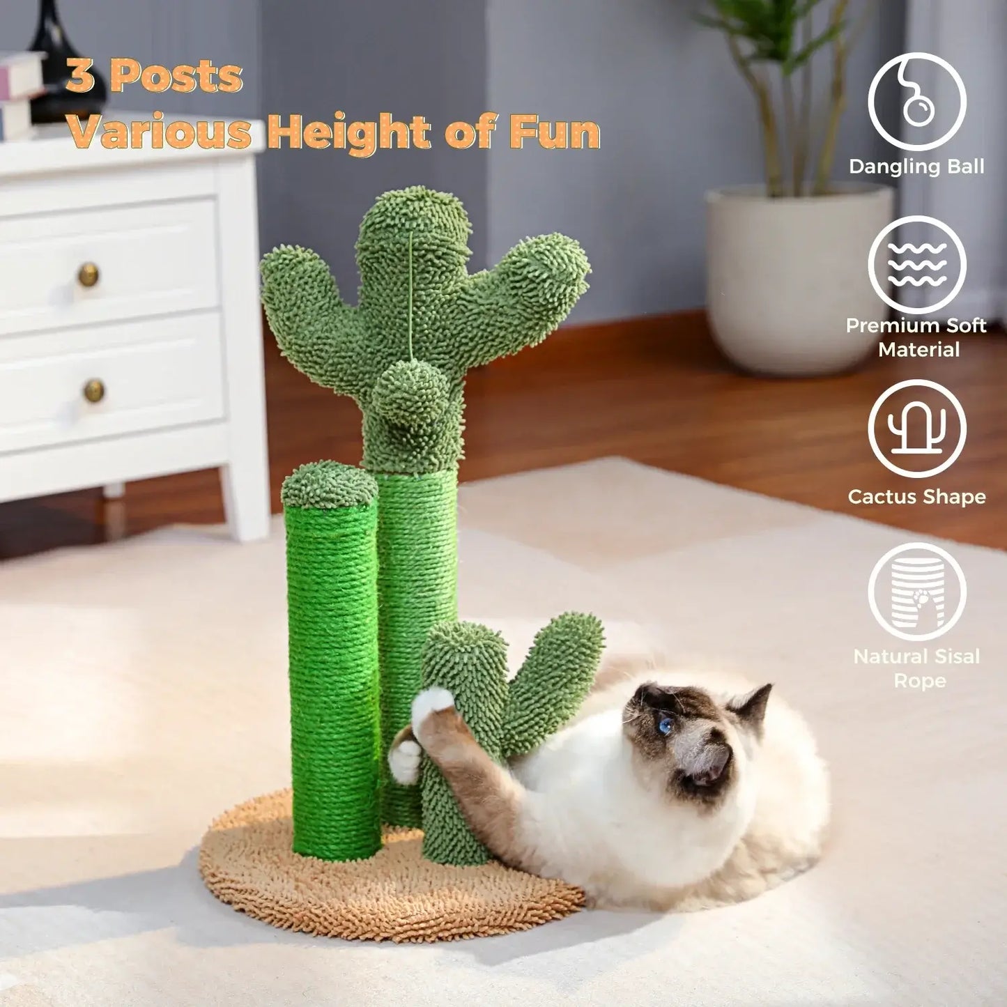 Cactus Cat Scratching Post-KittyCacti featuring 3 sisal-wrapped posts and a dangling ball for interactive fun.