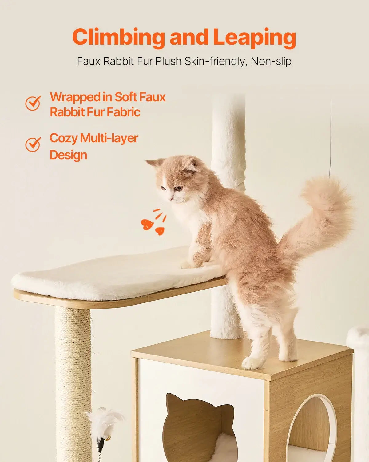 Cat climbing on a multi-layer cat tower with faux rabbit fur fabric, designed for large cats.