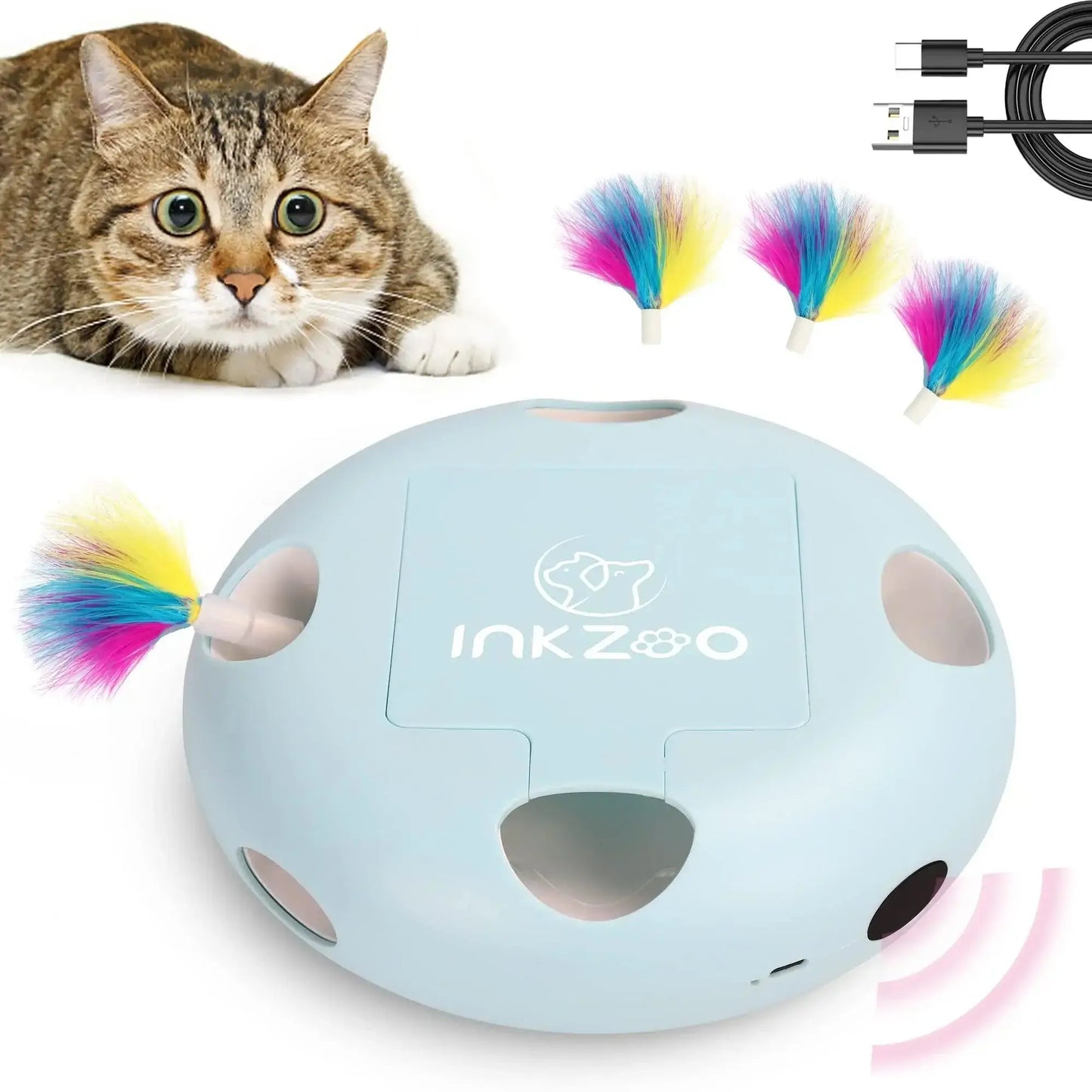 INKZOO Whack-A-Mole Cat Toy with colorful feathers and a curious cat, designed for interactive play and mental stimulation.